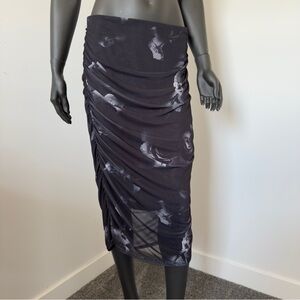 Rebecca Minkoff Black Ruched Bodycon Midi Skirt Size M Stretch Lined